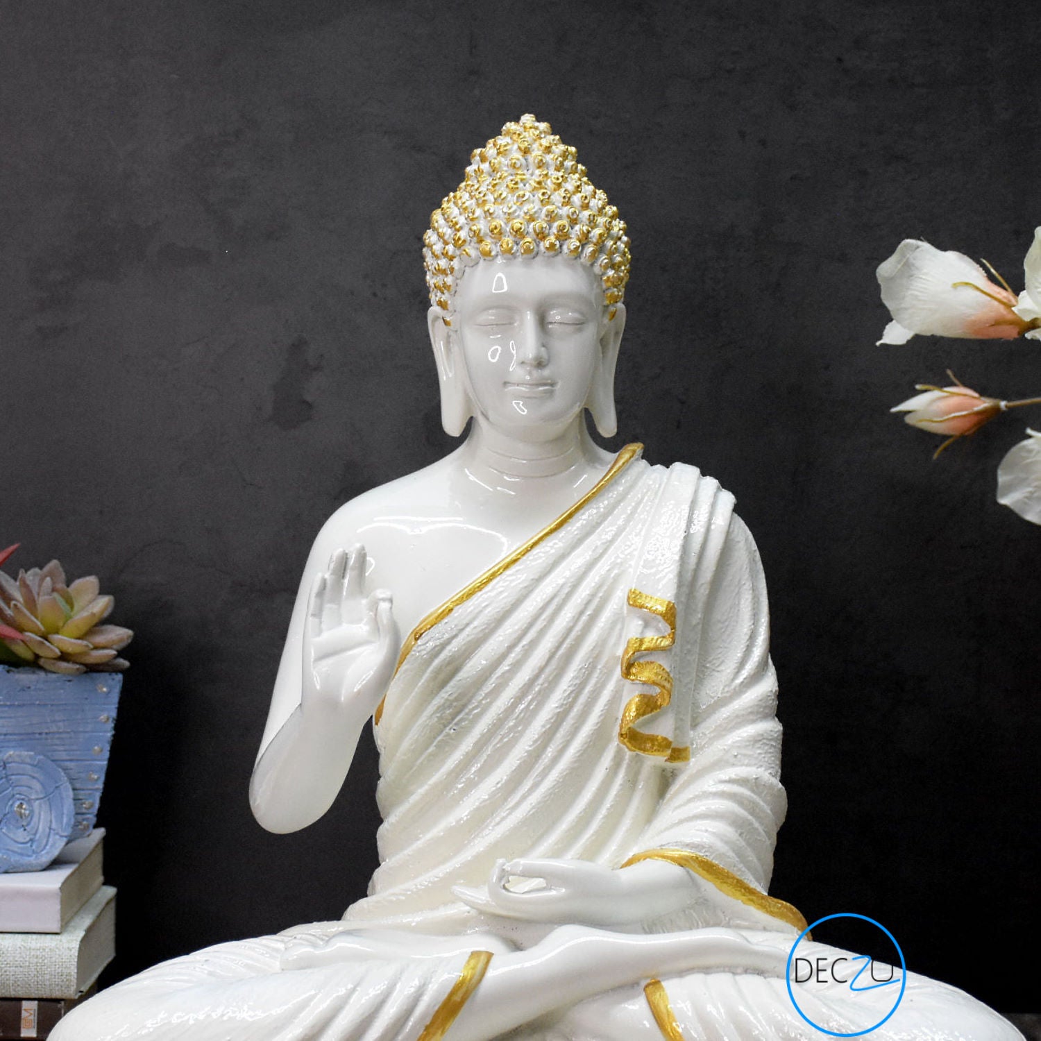 The Healing Spirit Blessing Buddha Statue : 1.25 Feet, Glossy White - Deczo