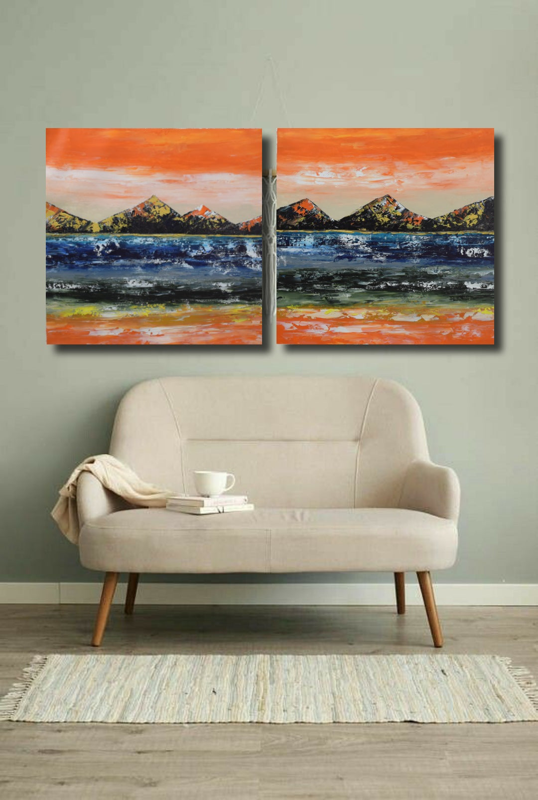 Split Mountain, Acrylic on Canvas, Handmade Wall Painting (Set of 2) - Deczo
