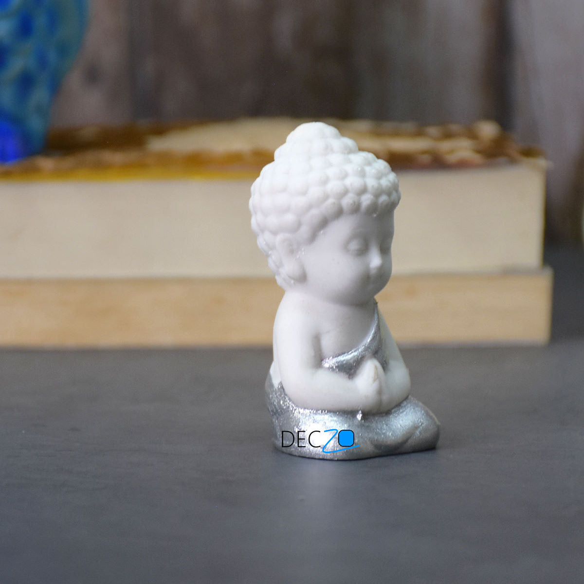 Cute Child Buddha Idol for Table, Return Gift, Dashboard: White Silver - Deczo