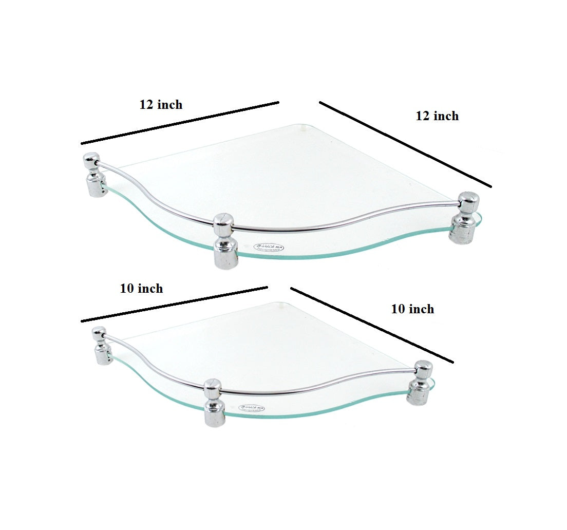Brass F Brackets Combo of Zig-Zag Shape 12 by 12 inch and 10x 10 inch Glass Corner Shelf - Deczo