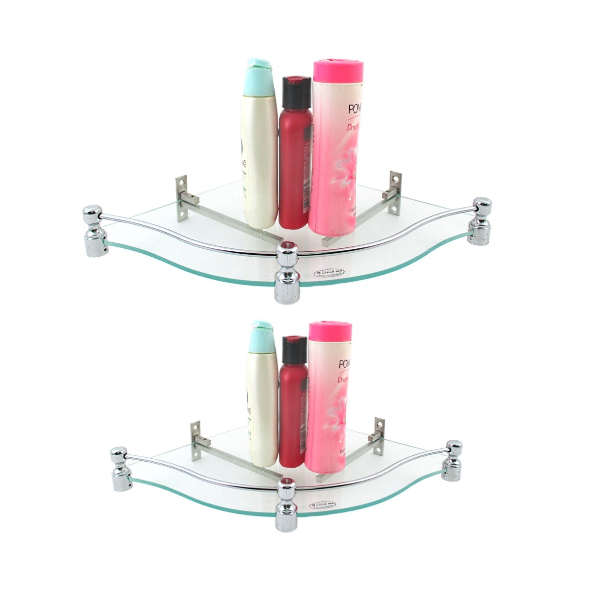 Brass F Brackets Combo of Zig-Zag Shape 12 by 12 inch and 10x 10 inch Glass Corner Shelf - Deczo