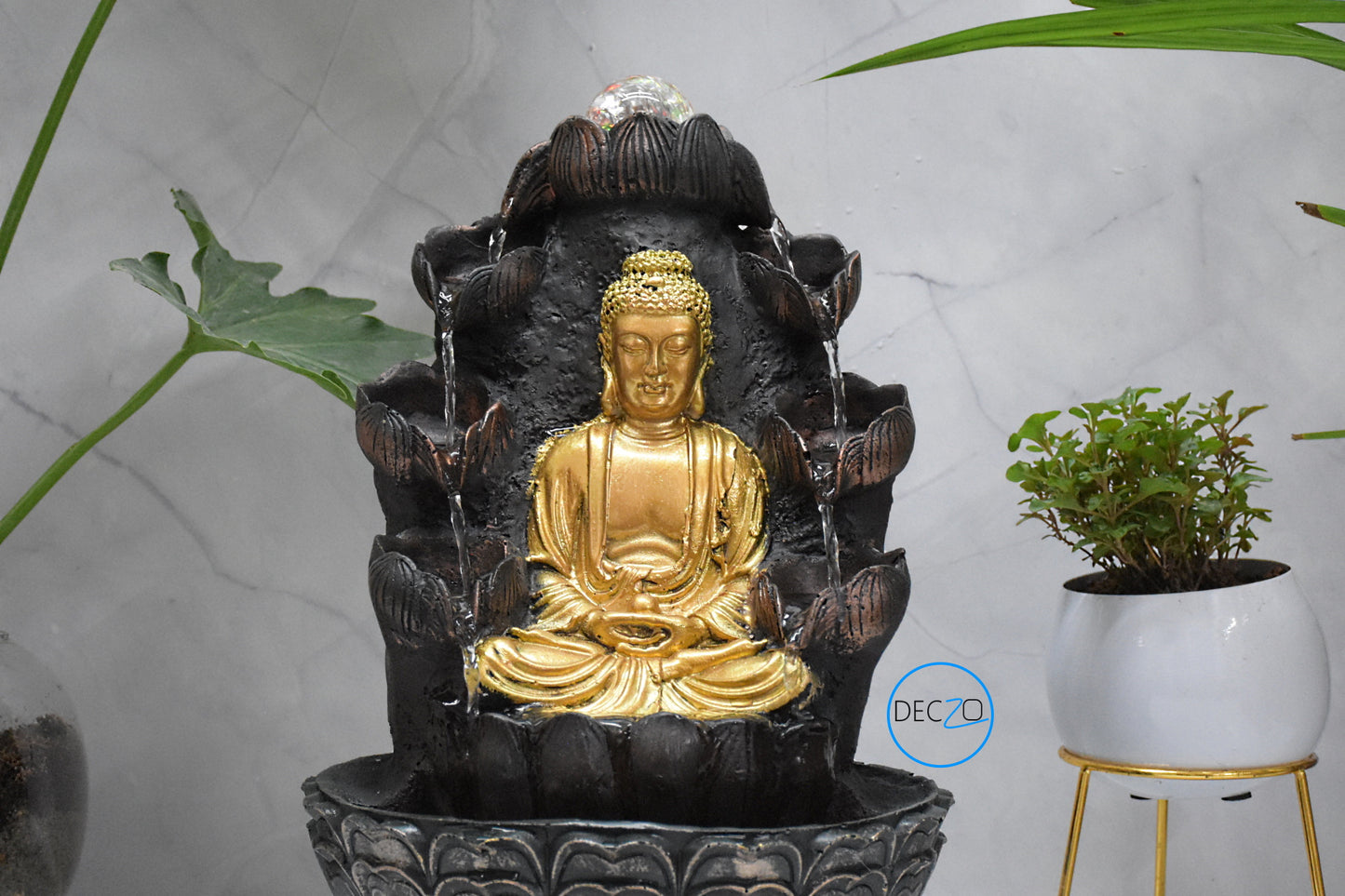 Double Cascade Meditating Buddha Electric Water Fountain : 37 CM, Copper