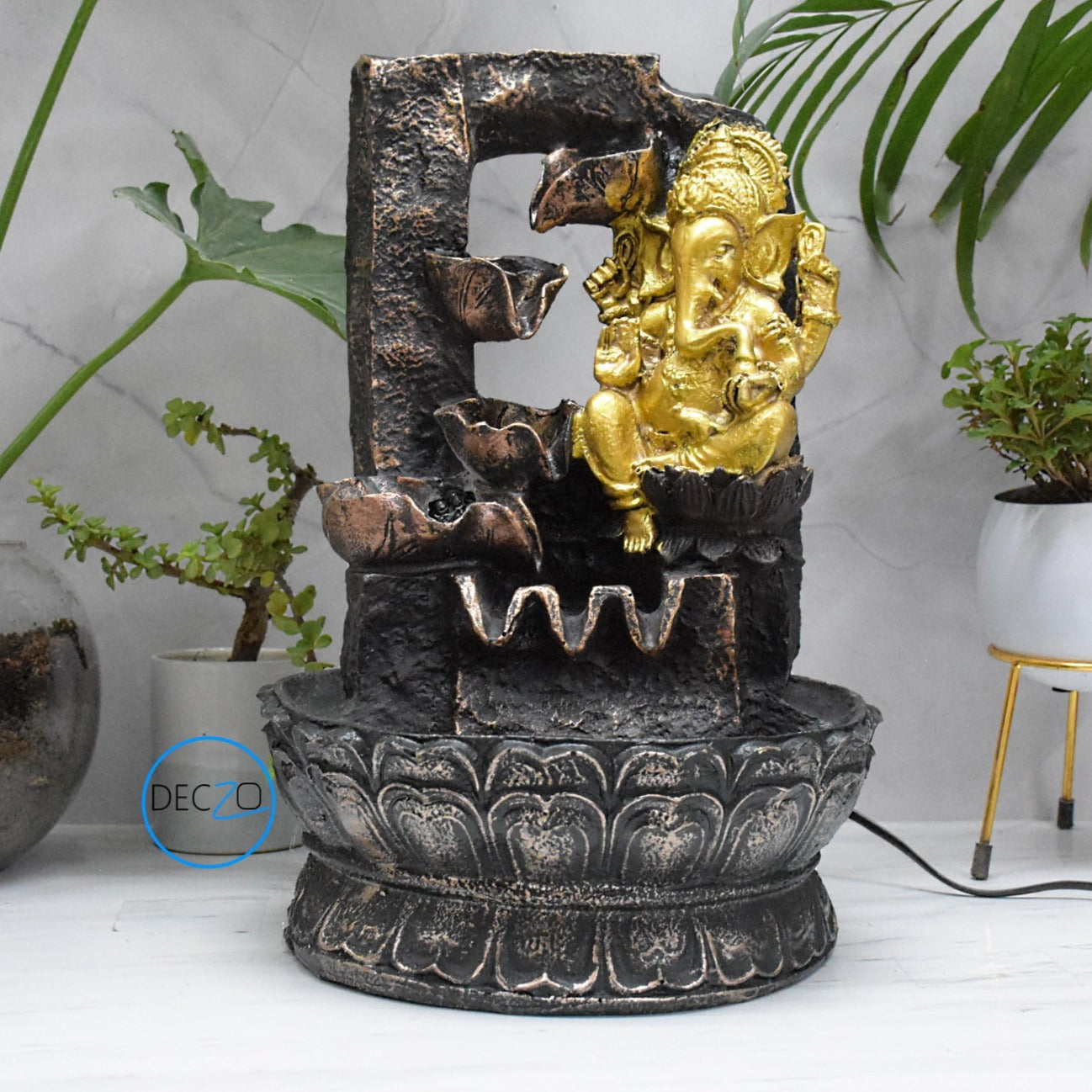 Lord Ganesha Resting Water Fountain : 37 CM, Copper and Golden