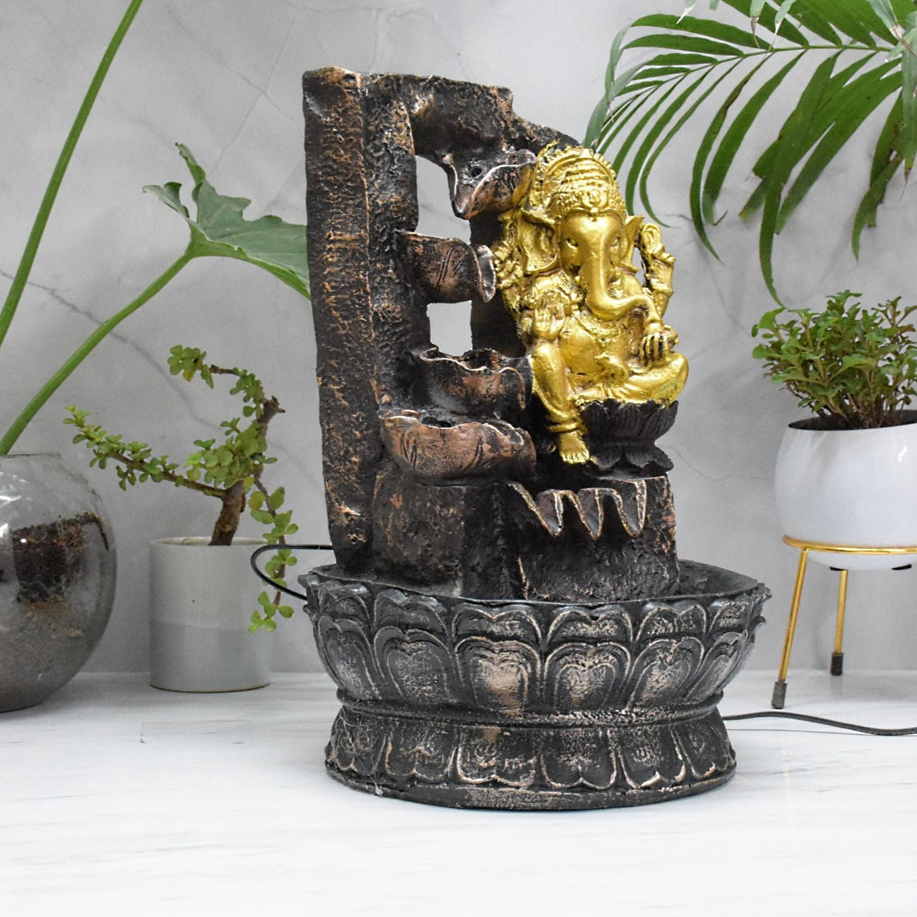 Lord Ganesha Resting Water Fountain : 37 CM, Copper and Golden