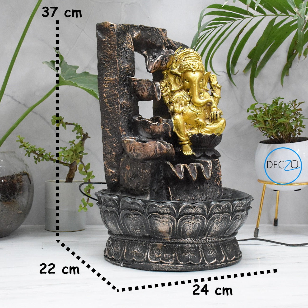 Lord Ganesha Resting Water Fountain : 37 CM, Copper and Golden