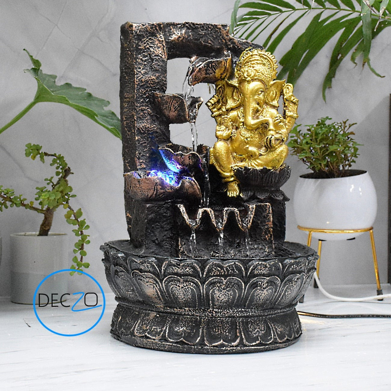 Lord Ganesha Resting Water Fountain : 37 CM, Copper and Golden