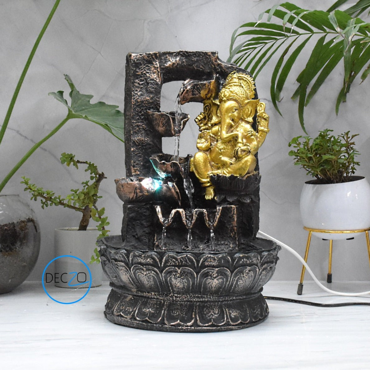Lord Ganesha Resting Water Fountain : 37 CM, Copper and Golden