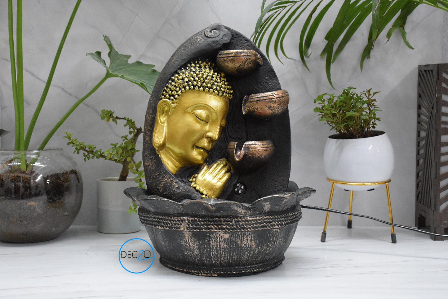 Namaste Face Buddha Water Fountain : 37 CM, Copper and Golden