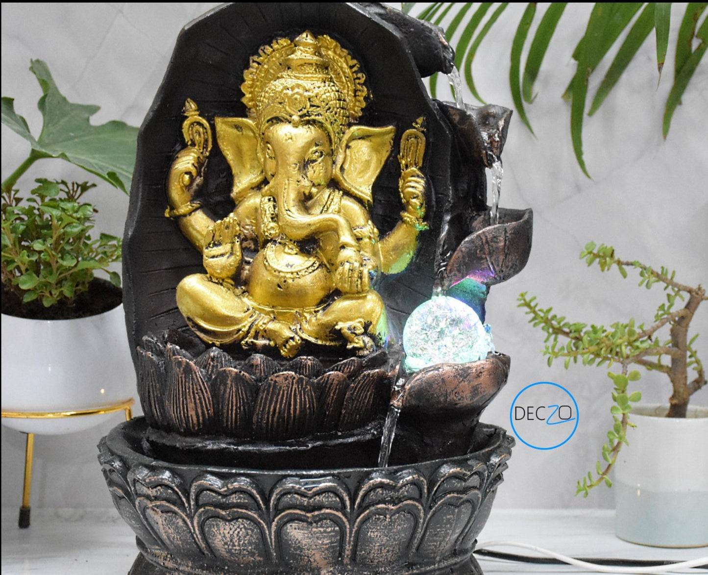 Ganesha Sitting on Lotus Water Fountain : 37 CM, Copper