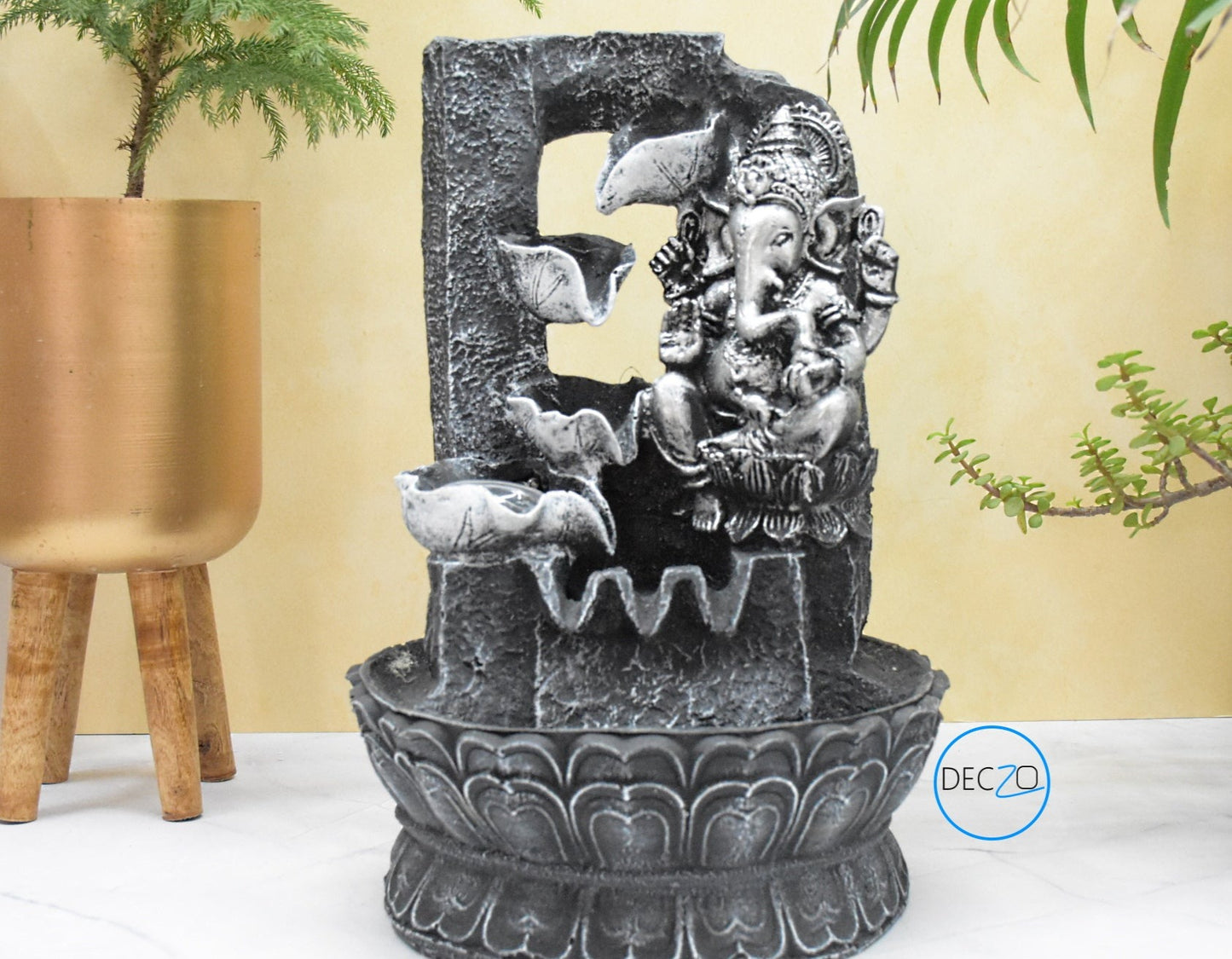 Lord Ganesha Resting Water Fountain : 37 CM, Black-Silver