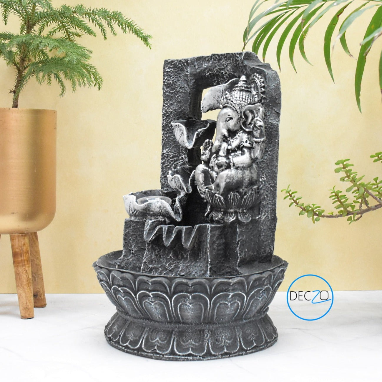 Lord Ganesha Resting Water Fountain : 37 CM, Black-Silver