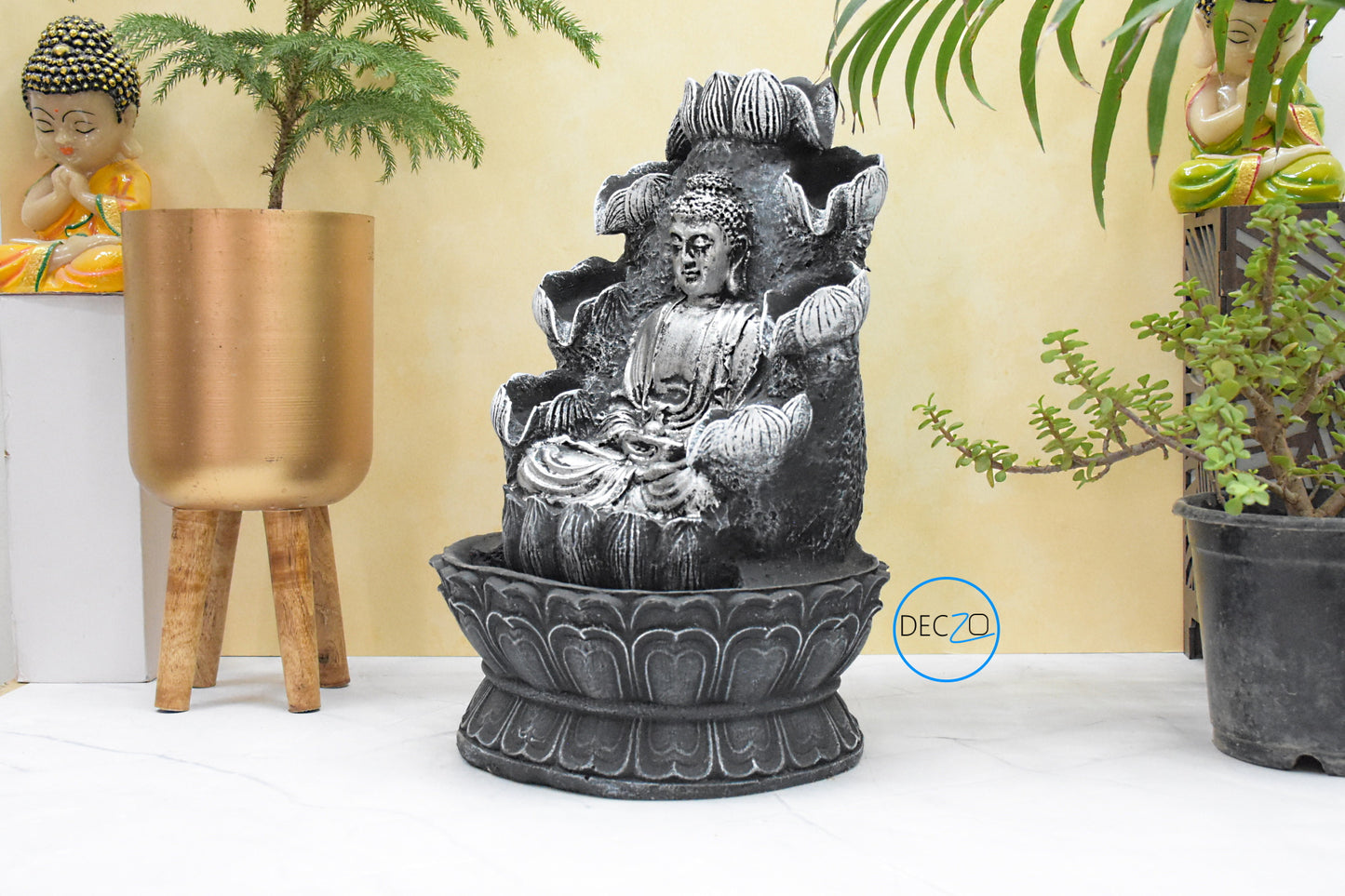 Double Cascade Meditating Buddha Electric Water Fountain : 37 CM,Black-Silver