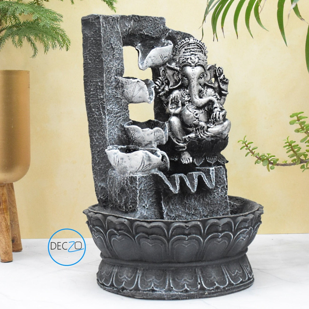 Lord Ganesha Resting Water Fountain : 37 CM, Black-Silver