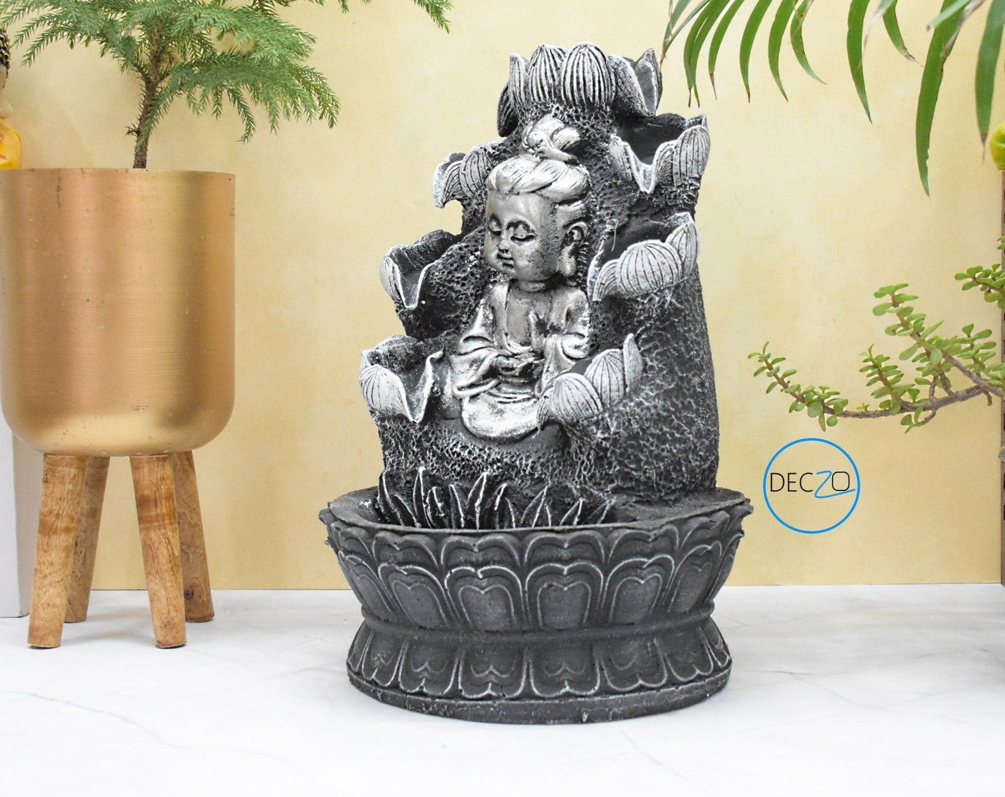 Double Cascade Blessing Child Buddha Water Fountain : 37 CM, Black-Silver