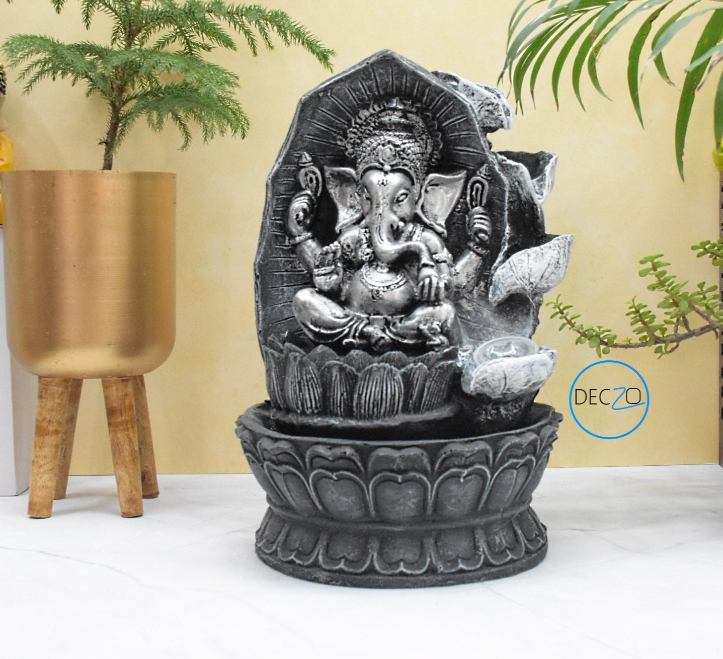 Ganesha Sitting on Lotus Water Fountain : 37 CM, Black-Silver