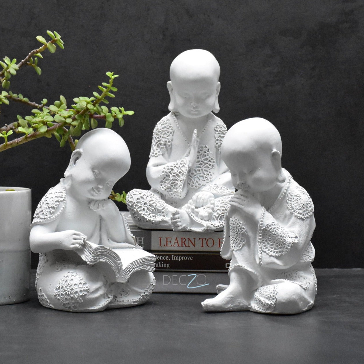 Set of 3 Monk Statues for Home and Gift : White