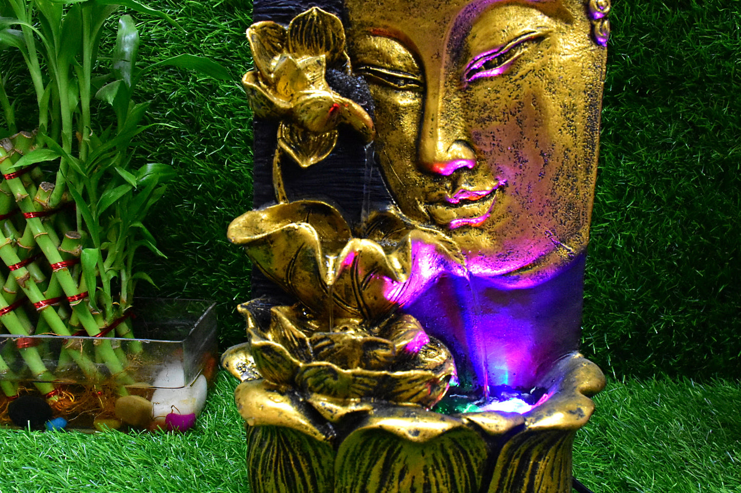 Buddha Face with Lotus Wall and Table Water Fountain : 37 CM, New Golden