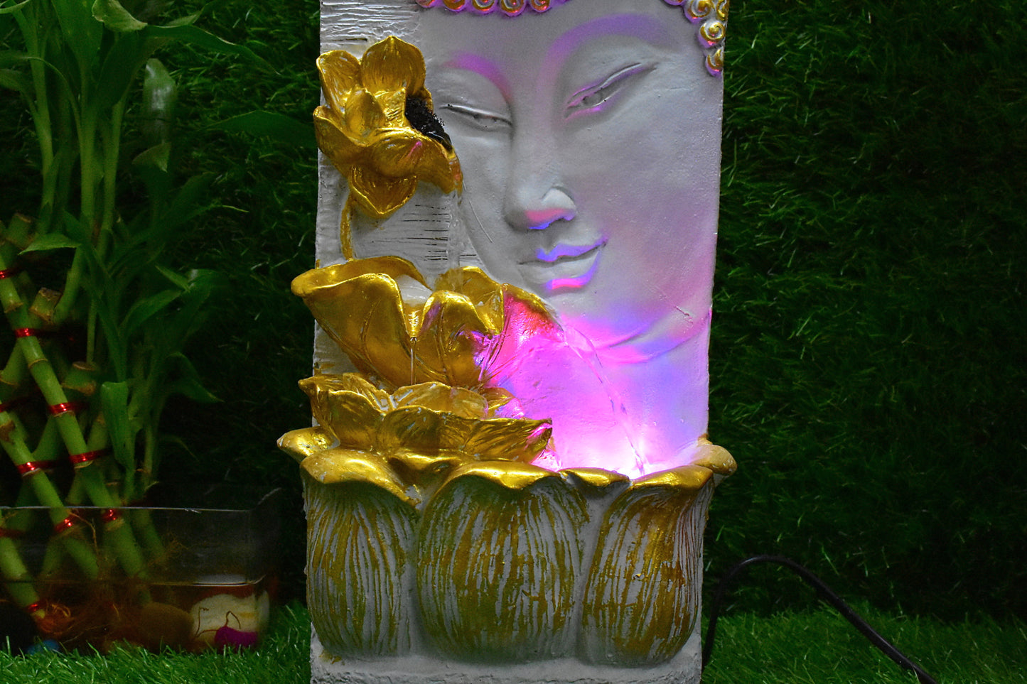 Buddha Face with Lotus Wall and Table Water Fountain : 37 CM, Golden-White
