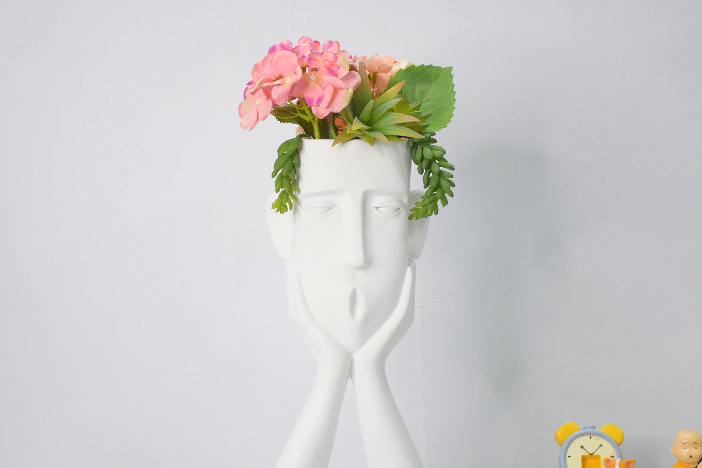 Surprised Human Face Showpiece Cum Table Planter : White - deczo