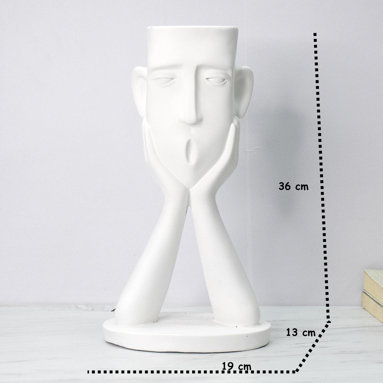 Surprised Human Face Showpiece Cum Table Planter : White - deczo