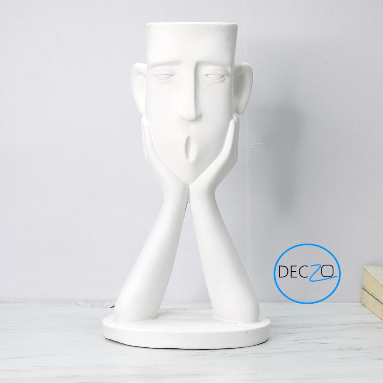 Surprised Human Face Showpiece Cum Table Planter : White - deczo