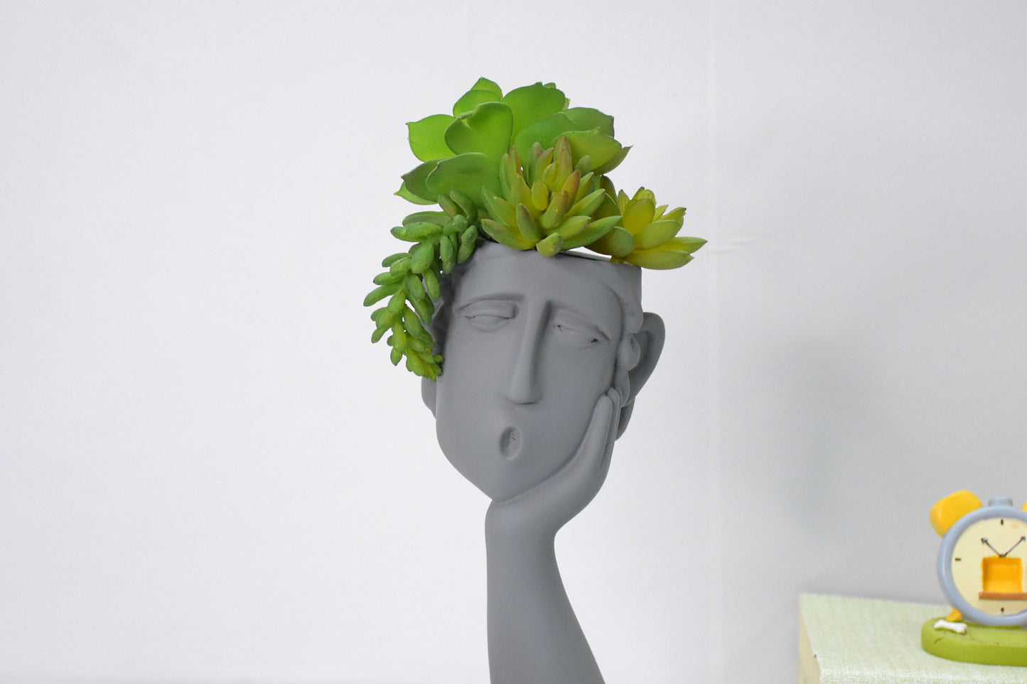 Human Thinking Showpiece Cum Table Planter : Grey - deczo