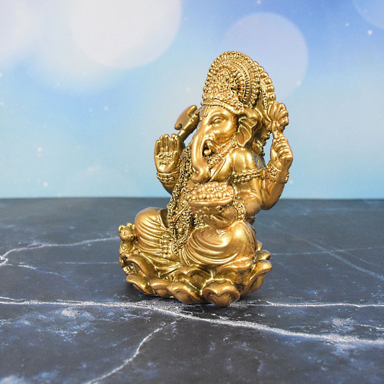 Ganesha Sitting on Lotus Flower Statue : Golden - Deczo