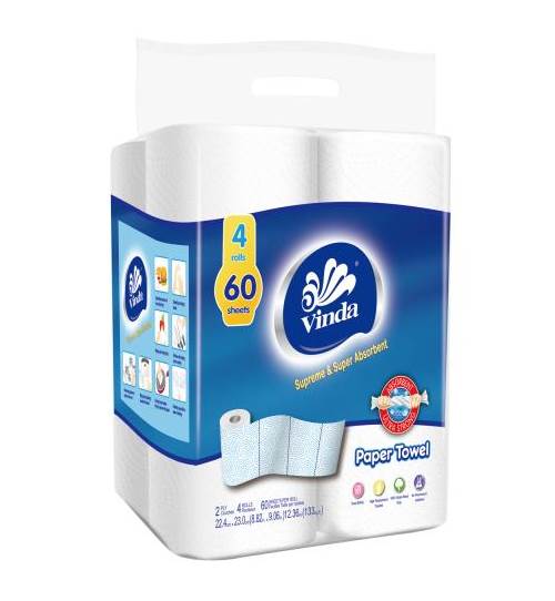 Vinda 4 Pieces Extra Soft, Ultra Strong Kitchen Paper Towel (2 Ply, 60 Sheets Per Roll) - Deczo