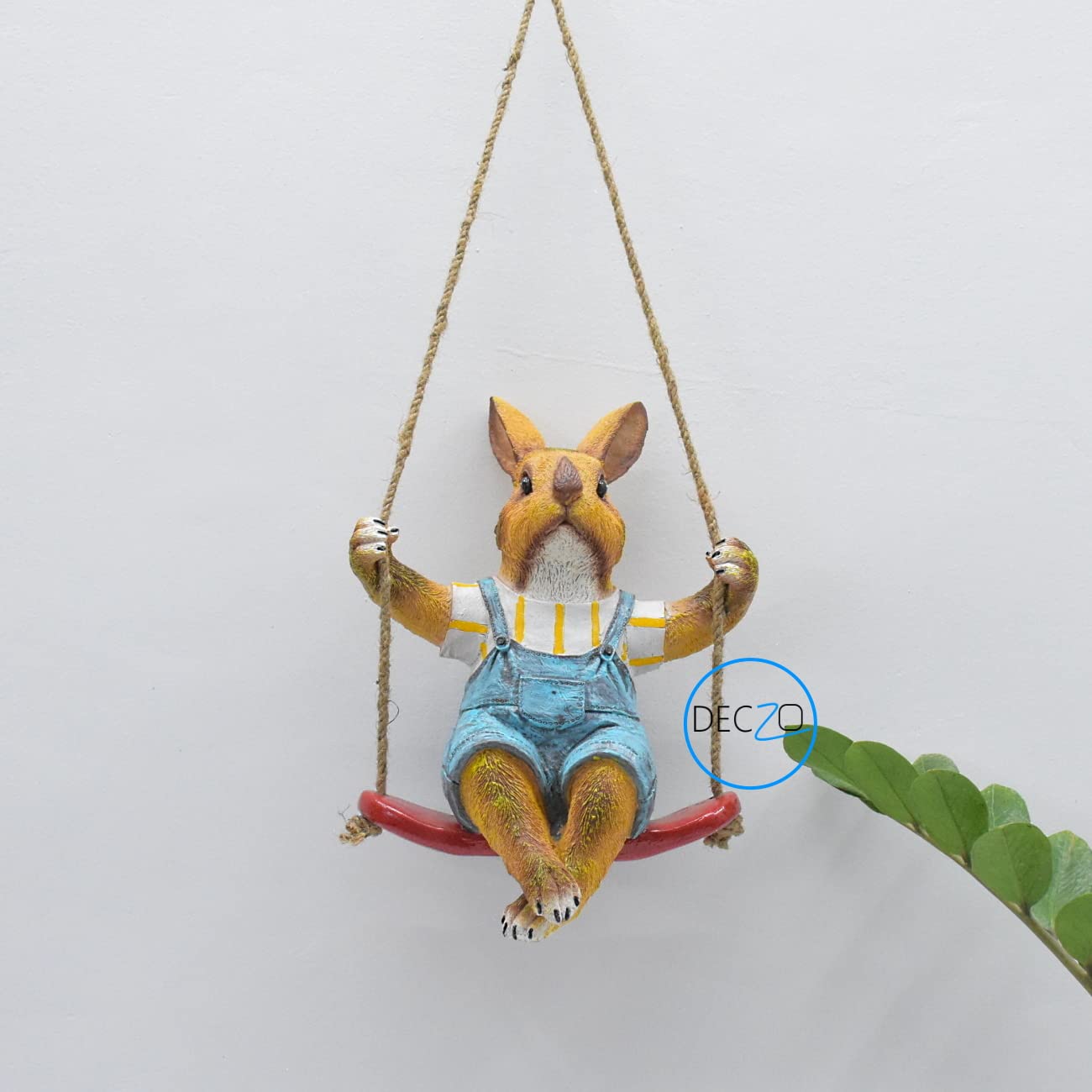 Playful Rabbit on Swing Poly-Resin Hanging Decor for Garden, Home, Gift