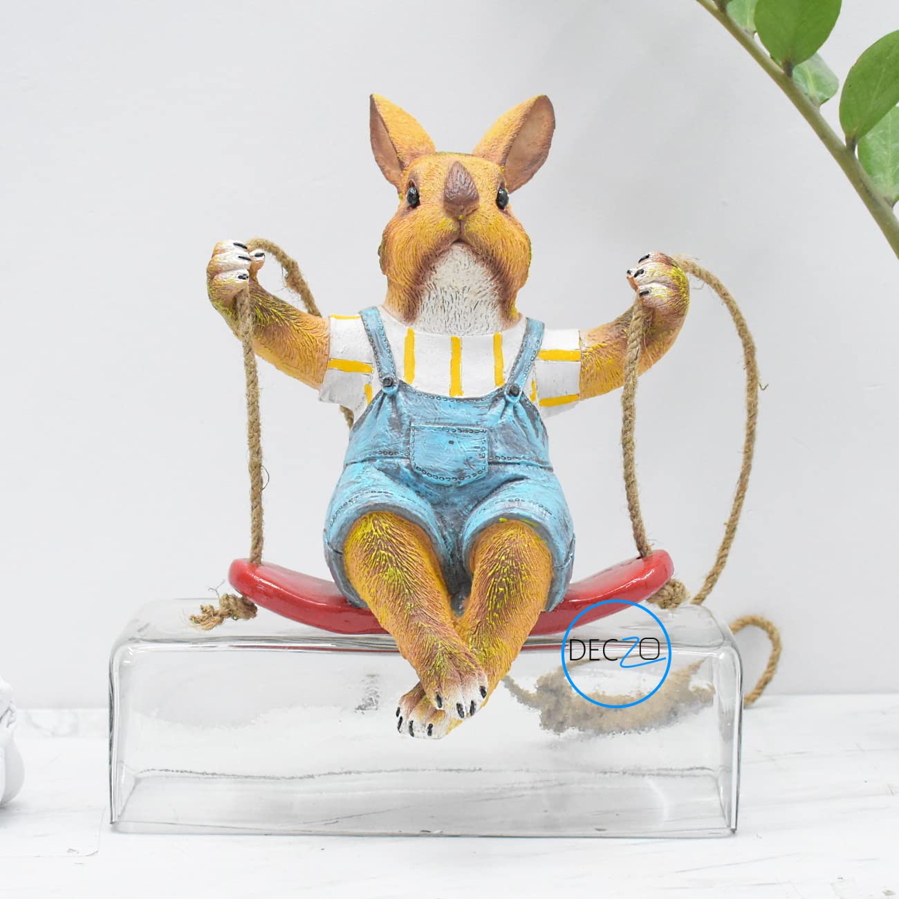 Playful Rabbit on Swing Poly-Resin Hanging Decor for Garden, Home, Gift