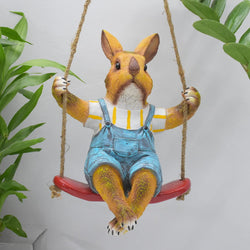Playful Rabbit on Swing Poly-Resin Hanging Decor for Garden, Home, Gift