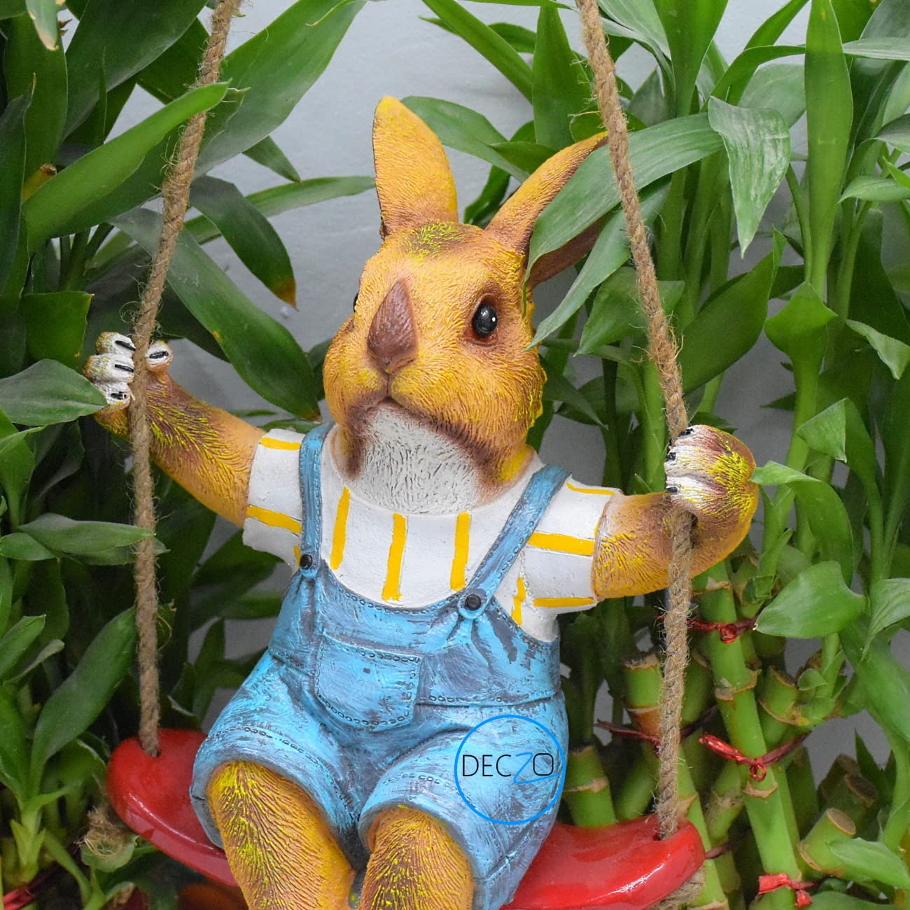 Playful Rabbit on Swing Poly-Resin Hanging Decor for Garden, Home, Gift