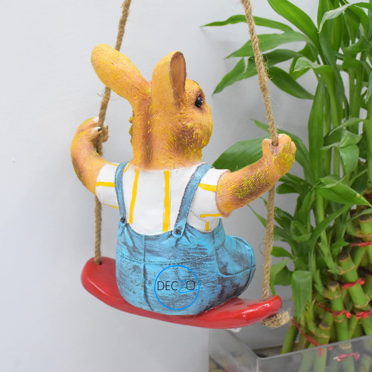 Playful Rabbit on Swing Poly-Resin Hanging Decor for Garden, Home, Gift