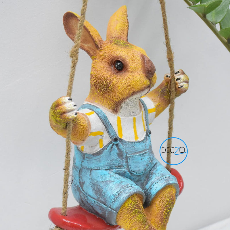 Playful Rabbit on Swing Poly-Resin Hanging Decor for Garden, Home, Gift