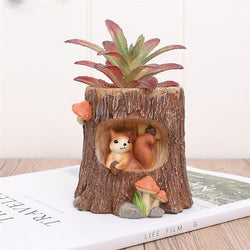 Squirrel Sitting in Tree Trunk Resin Succulent Pot - Deczo
