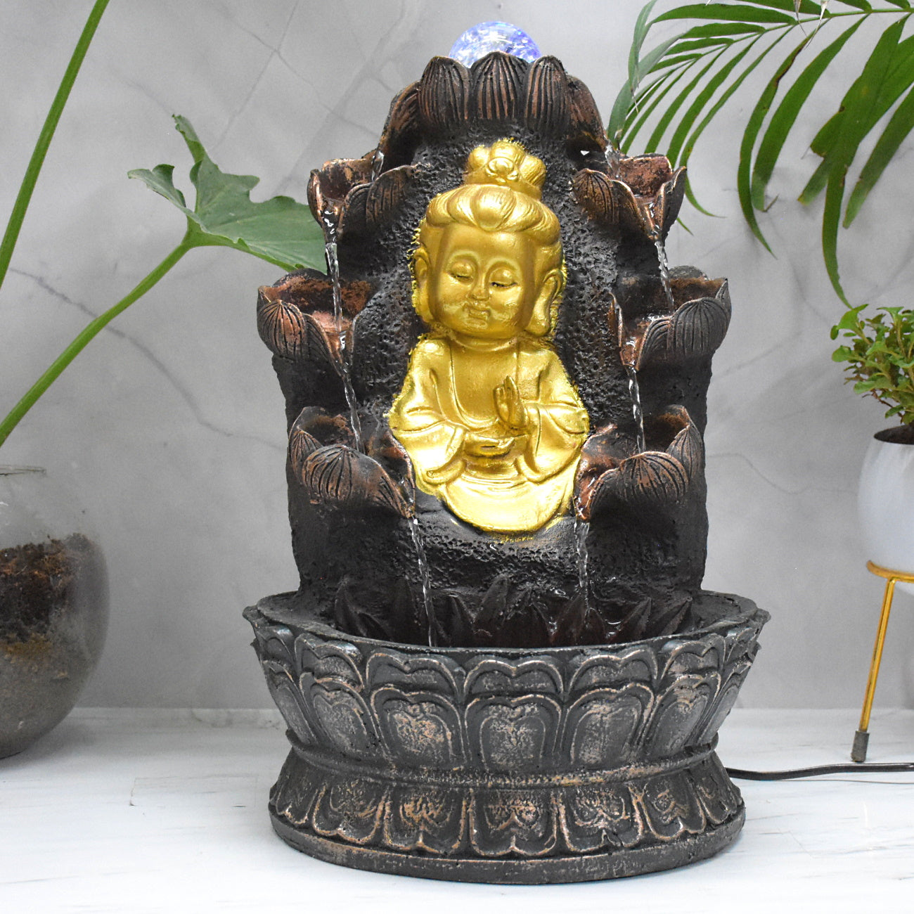 Double Cascade Blessing Child Buddha Water Fountain  : 37 CM, Copper