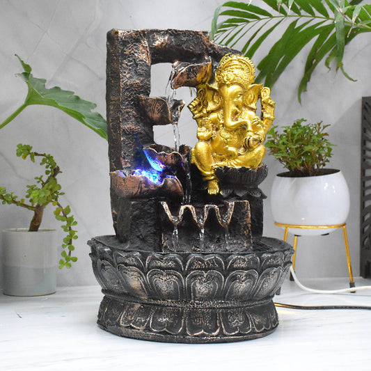 Lord Ganesha Resting Water Fountain  : 37 CM, Copper and Golden