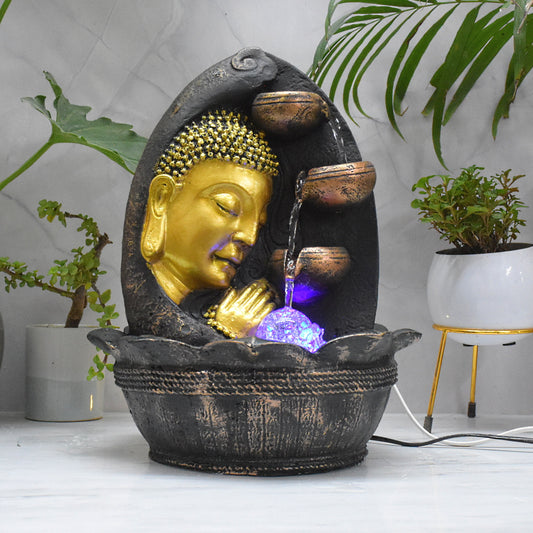 Namaste Face Buddha Water Fountain  : 37 CM, Copper and Golden