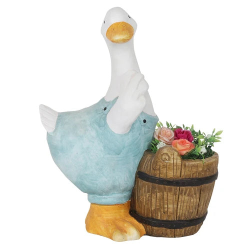 Blue Duck with Barrel Resin Planter Pot - Deczo