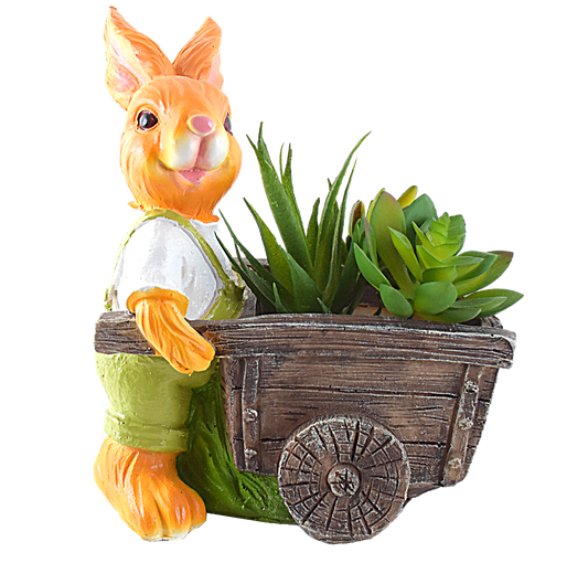 Rabbit Pushing Trolley Rickshaw Resin Pot for Kids Room, Table Decor, Gift - Deczo