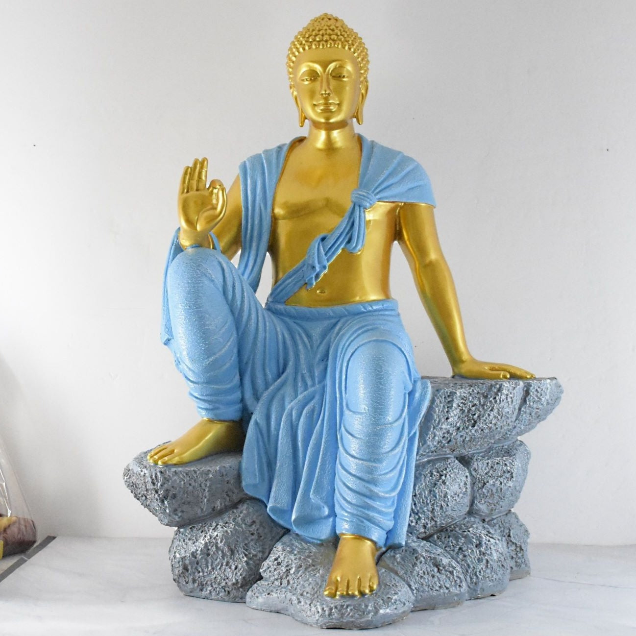 2.4 Feet Blessing Buddha Resting on Mountain- Golden Blue - Deczo