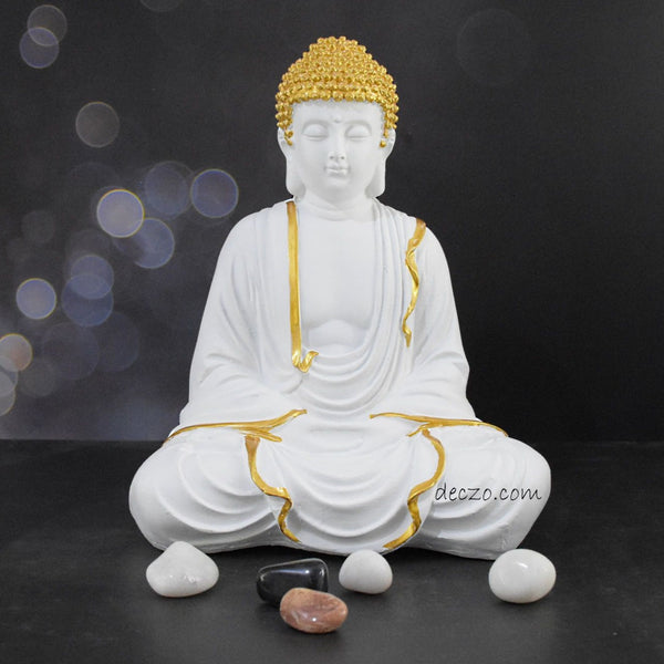 Hand Carved Sitting Buddha - White Golden - Deczo