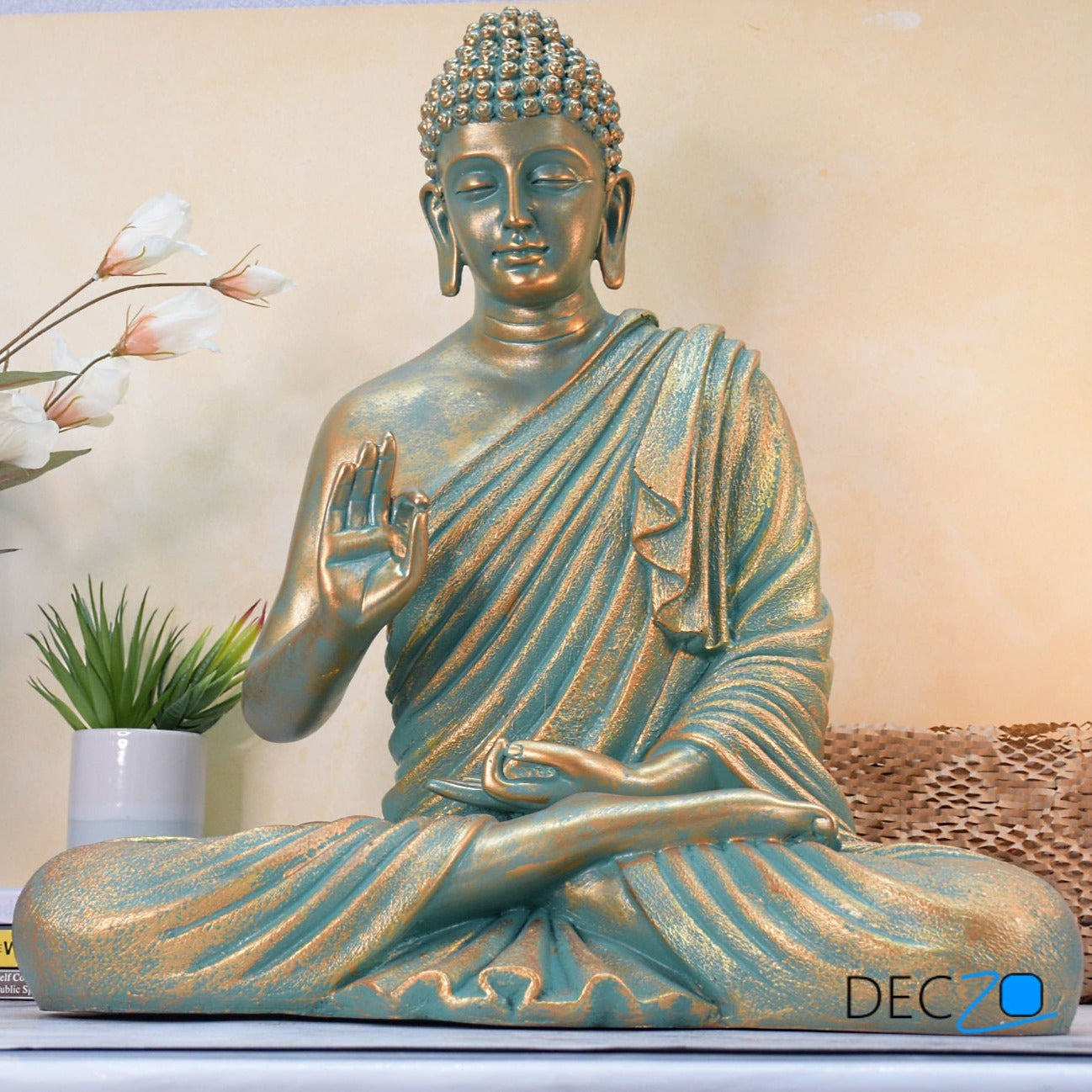 2 Feet Serene Blessing Buddha Idol : Copper Shaded Rustic Golden - Deczo