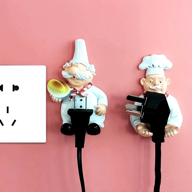 Cartoon Chef  Set of 2 Plug Holder Power Cord Socket Hanger Organizer Wall Hanging Hook Resin Kitchen Hooks Gadgets Self Adhesive Creative