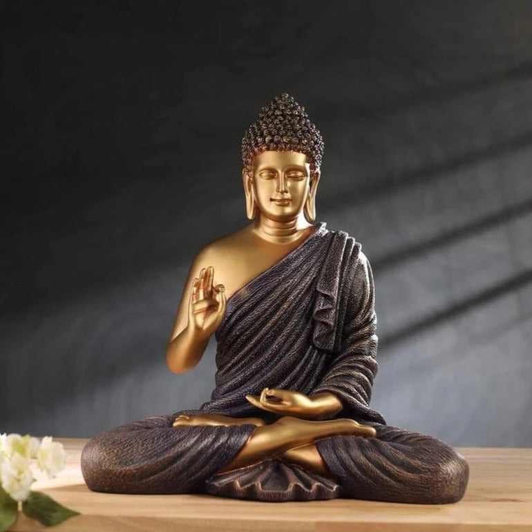 The Healing Spirit Blessing Buddha Statue : 1.25 Feet, Dark Brown-Golden