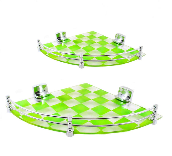 Chrome HB Brackets Green Pattern Wonder  Combo of 10 by 10 inch and 12 by 12 inch Multipurpose Glass Corner Shelf - Deczo