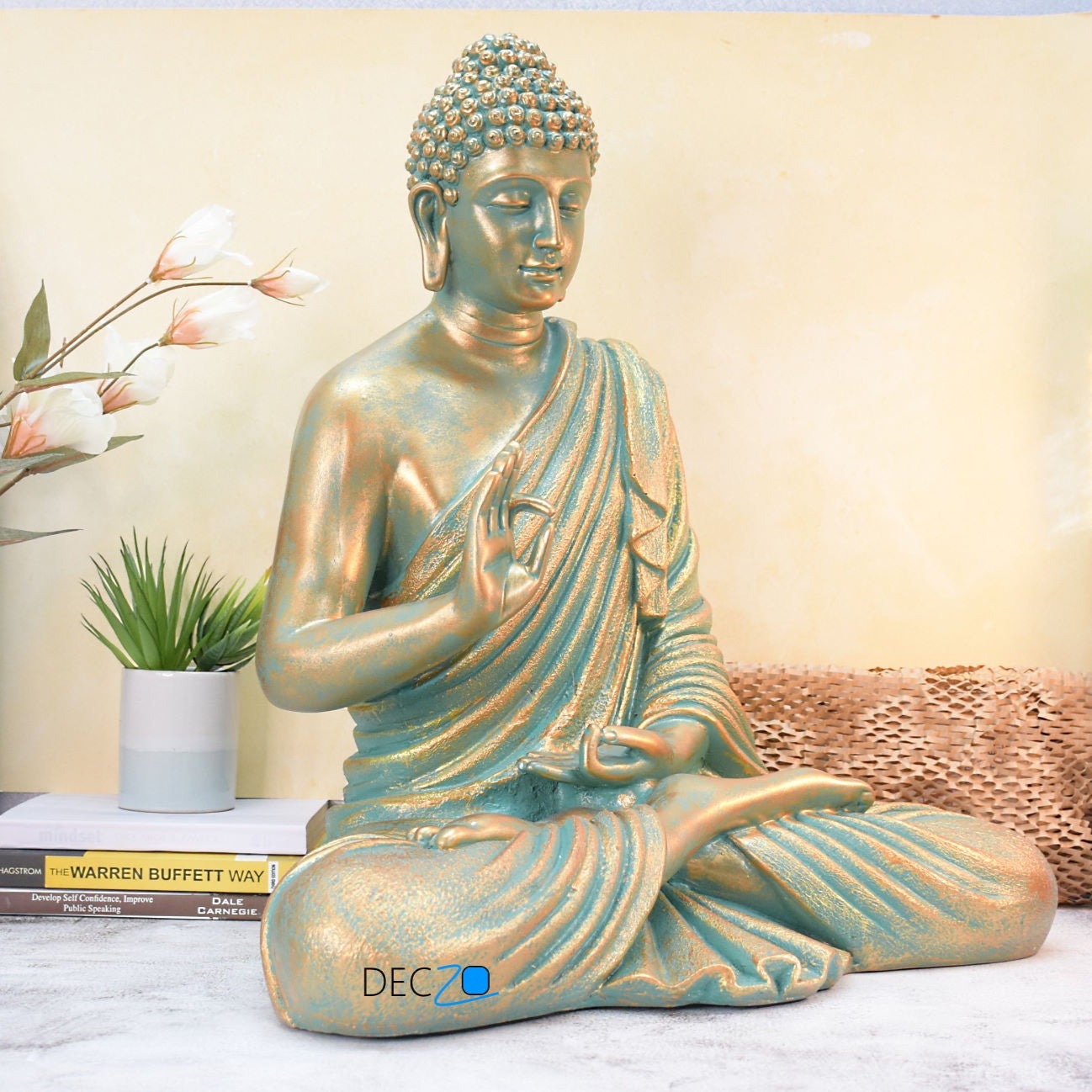 2 Feet Serene Blessing Buddha Idol : Copper Shaded Rustic Golden - Deczo