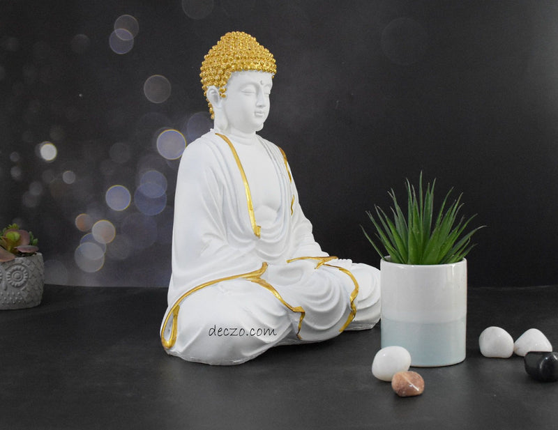 Hand Carved Sitting Buddha - White Golden - Deczo