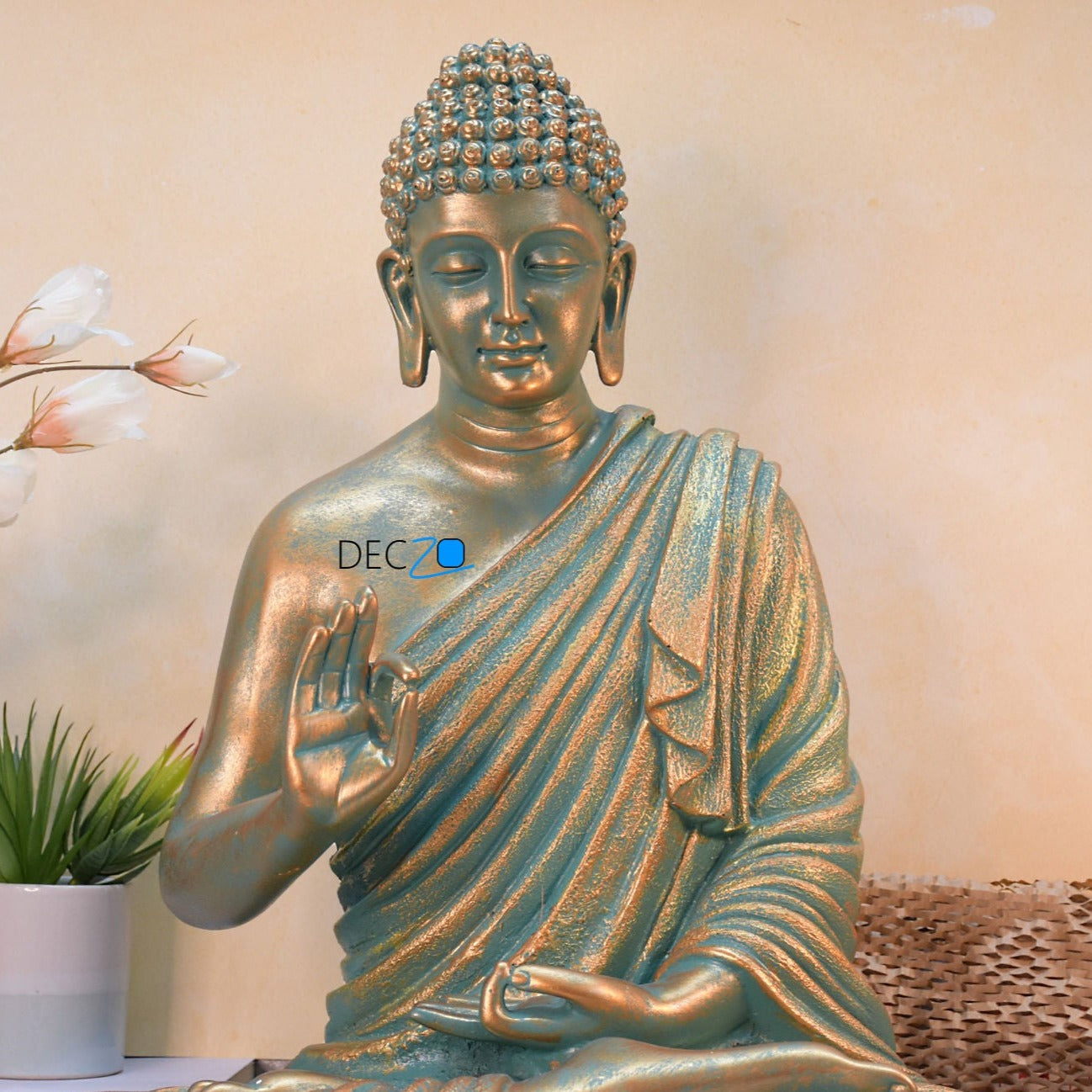 2 Feet Serene Blessing Buddha Idol : Copper Shaded Rustic Golden - Deczo