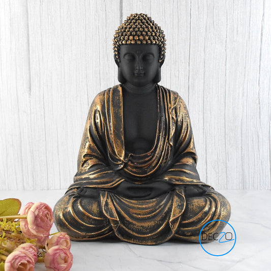 Hand Carved Sitting Buddha -35 CM, Black and Copper